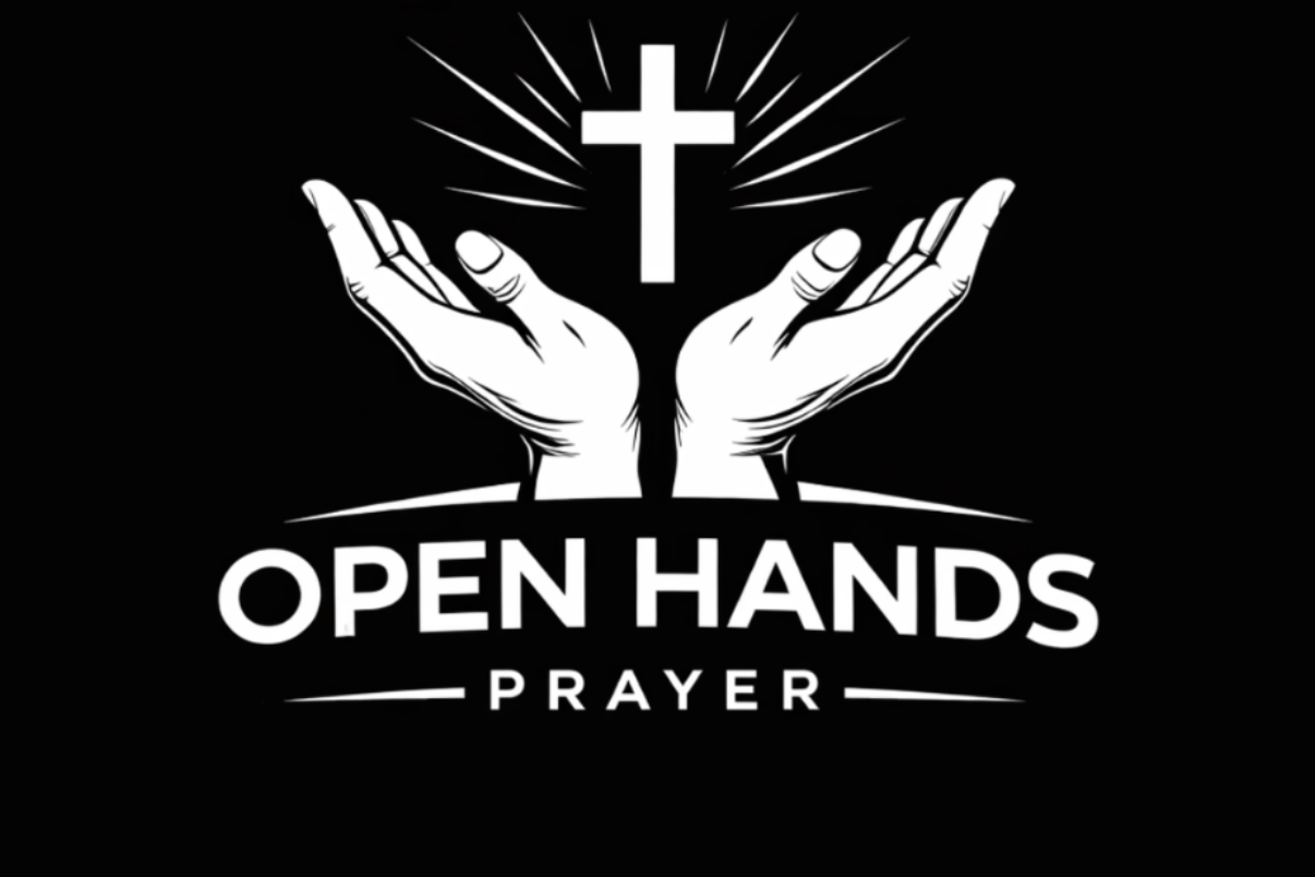 Logo of 'Open Hands Prayer' with hands holding a cross on a black background